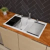 ALFI 34" Drop In Granite Composite Workstation Kitchen Sink with Accessories, 50/50 Double Bowl, White, 1 Faucet Hole, AB3418DBDI-W