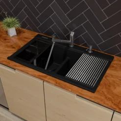ALFI 34" Drop In Granite Composite Workstation Kitchen Sink with Accessories, 50/50 Double Bowl, Black, 1 Faucet Hole, AB3418DBDI-BLA