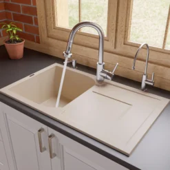 ALFI 34" Single Bowl Granite Composite Kitchen Sink with Drainboard, Biscuit, AB1620DI-B