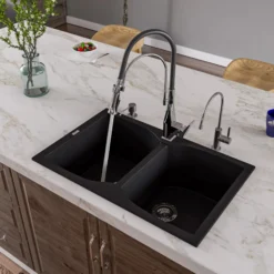 ALFI Black 32" Drop-In Double Bowl Granite Composite Kitchen Sink, AB3220DI-BLA