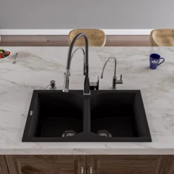 ALFI Black 32" Drop-In Double Bowl Granite Composite Kitchen Sink, AB3220DI-BLA