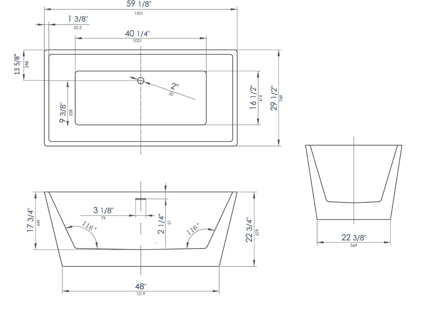 ALFI brand 59" Acrylic Free Standing Rectangle Soaking Bathtub, Black, AB8834
