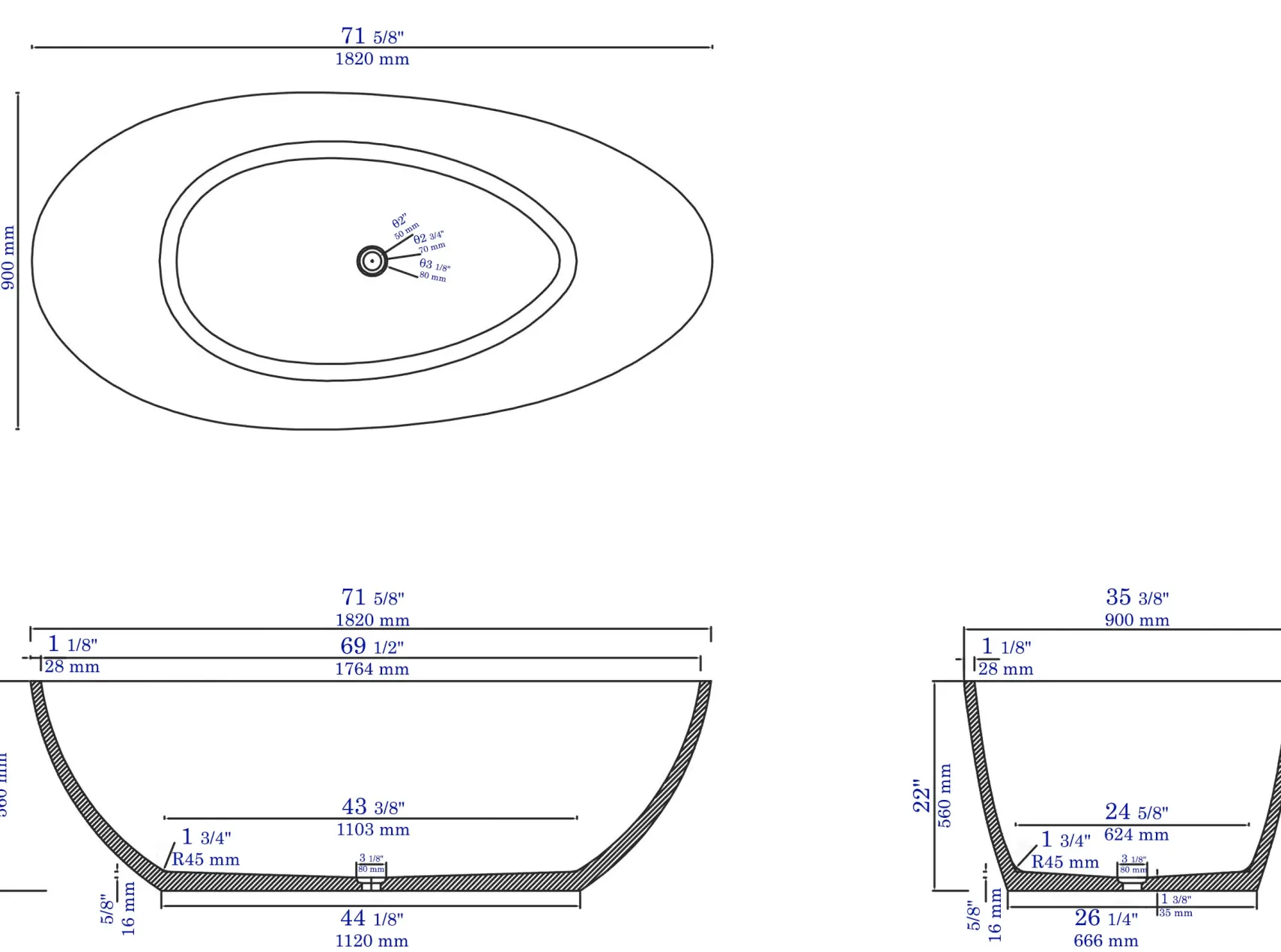 ALFI brand 72" Concrete Free Standing Oval Bathtub, Gray Matte, ABCO72TUB