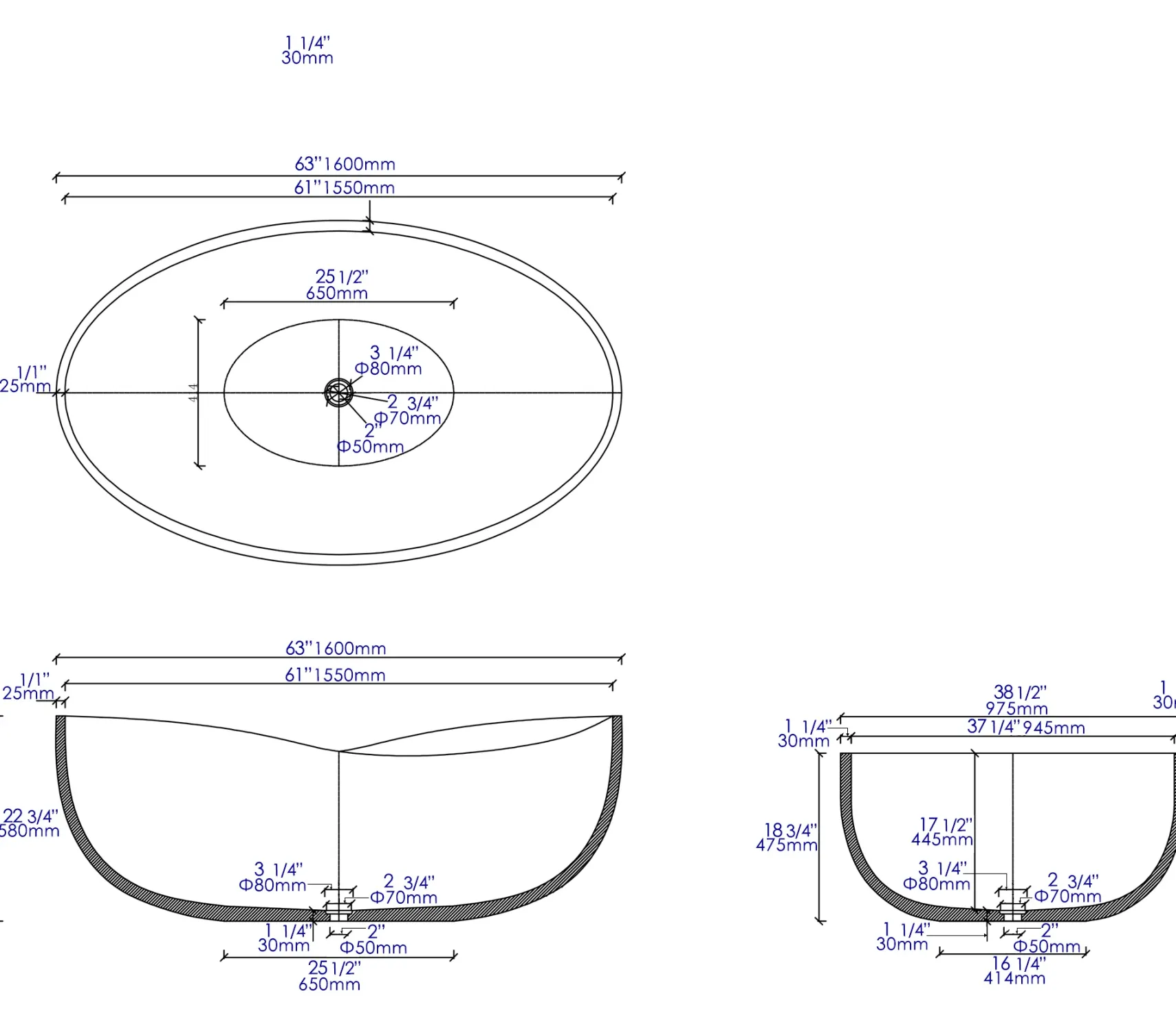 ALFI brand 63" Concrete Free Standing Oval Bathtub, Gray Matte, ABCO63TUB