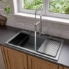 ALFI brand 34" Drop In Granite Composite Workstation Kitchen Sink with Accessories, Titanium, 1 Faucet Hole, AB3418SBDI-T