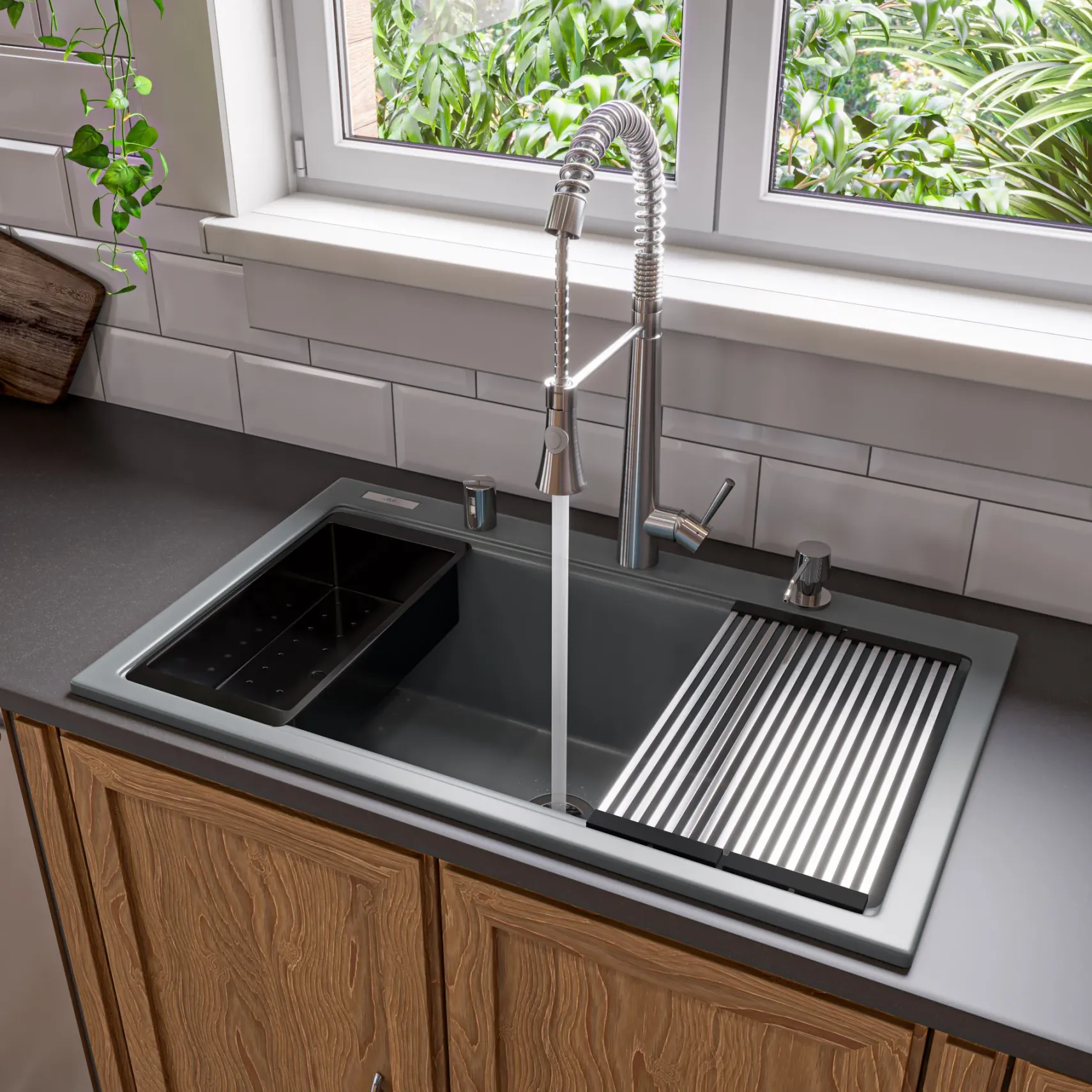 ALFI brand 34" Drop In Granite Composite Workstation Kitchen Sink with Accessories, Titanium, 1 Faucet Hole, AB3418SBDI-T