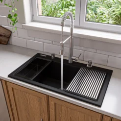 ALFI brand 34" Drop In Granite Composite Workstation Kitchen Sink with Accessories, Black, 1 Faucet Hole, AB3418SBDI-BLA
