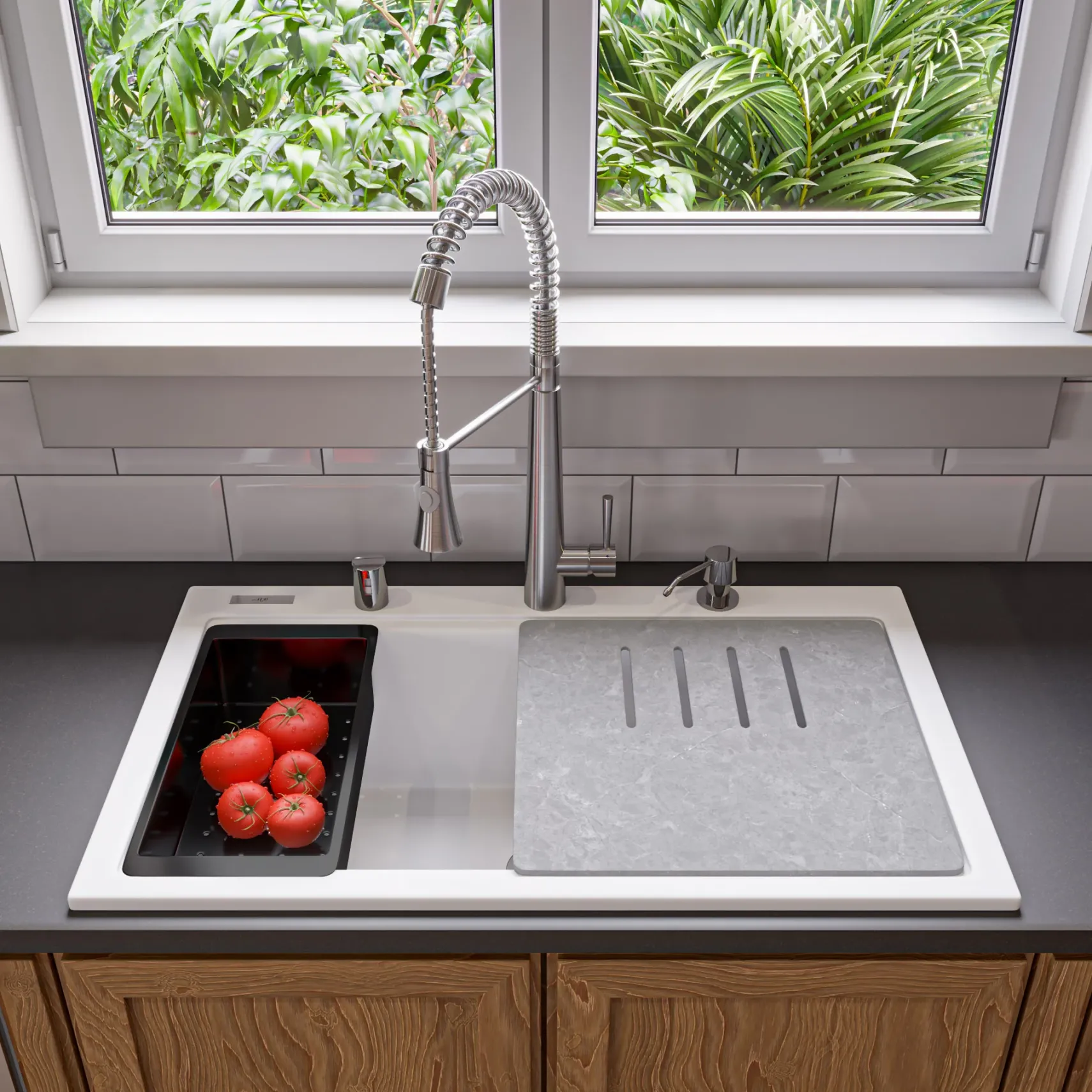 ALFI brand 34" Drop In Granite Composite Workstation Kitchen Sink with Accessories, White, 1 Faucet Hole, AB3418SBDI-W