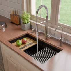 ALFI brand 32" Fireclay Workstation Dual Mount Kitchen Sink, Black Matte, Includes Drainboard, No Faucet Hole, ABFS3219SUD-BM