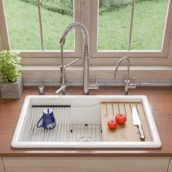 ALFI brand 32" Fireclay Workstation Dual Mount Kitchen Sink, White, Includes Drainboard, No Faucet Hole, ABFS3219SUD-W