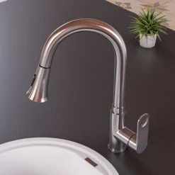 ALFI brand 1.8 GPM Lever Gooseneck Spout Touch Kitchen Faucet, Modern, Gray, Pull Down, Brushed Nickel, ABKF3480-BN