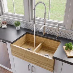 ALFI brand 1.7 GPM Lever Gooseneck Double Spout Touch Kitchen Faucet, Modern, Gray, Brushed Nickel, ABKF3787-BN
