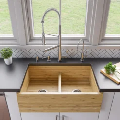 ALFI brand 1.7 GPM Lever Gooseneck Double Spout Touch Kitchen Faucet, Modern, Gray, Brushed Nickel, ABKF3787-BN