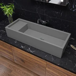 ALFI brand 39.4" x 14.6" Rectangle Above Mount or Semi Recessed Fireclay Bathroom Sink, Gray Matte, No Faucet Hole, AB39TRGM