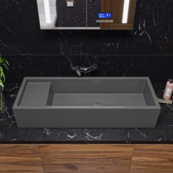 ALFI brand 39.4" x 14.6" Rectangle Above Mount or Semi Recessed Fireclay Bathroom Sink, Gray Matte, No Faucet Hole, AB39TRGM