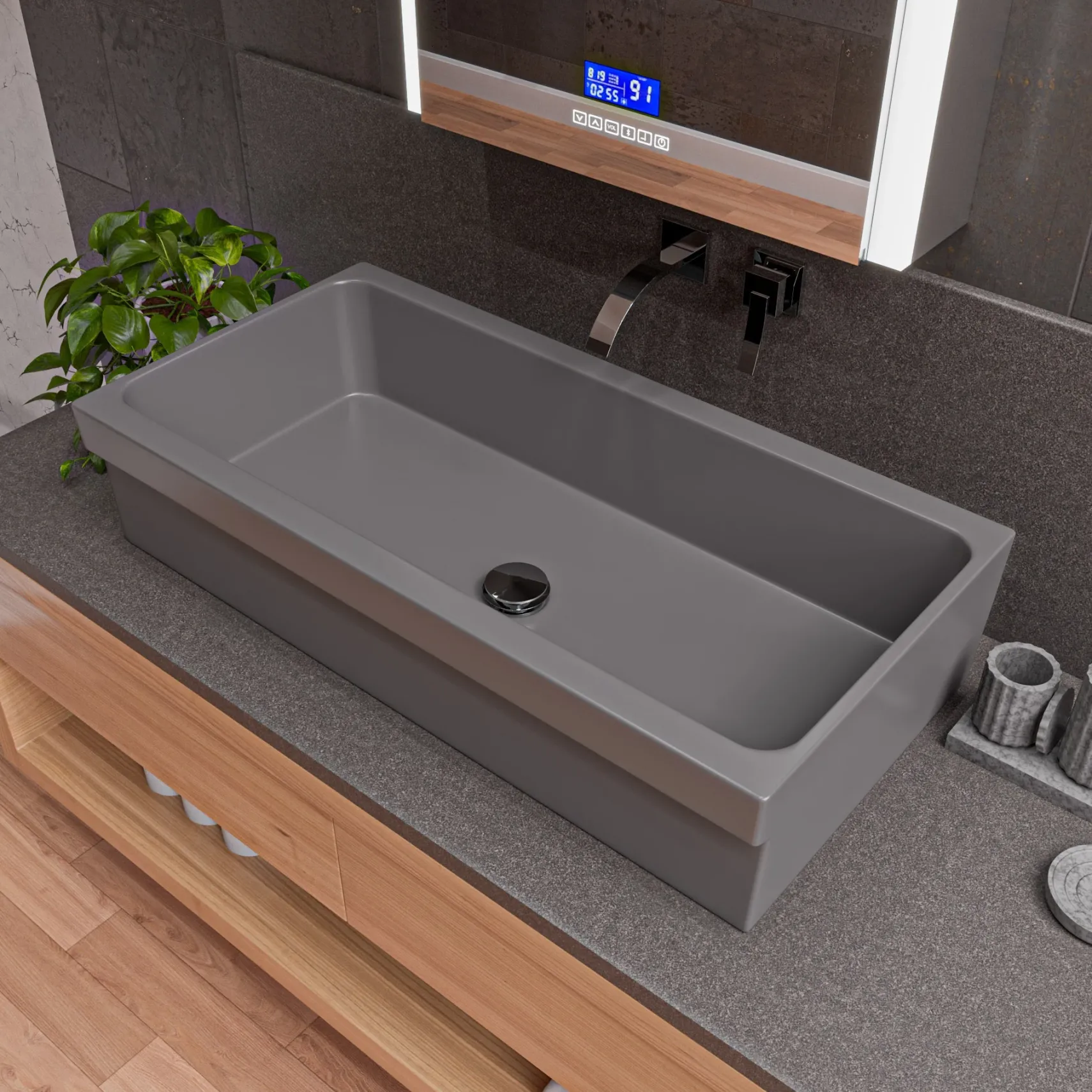 ALFI brand 35.5" x 17.75" Rectangle Above Mount or Semi Recessed Fireclay Bathroom Sink, Gray Matte, No Faucet Hole, AB36TRGM