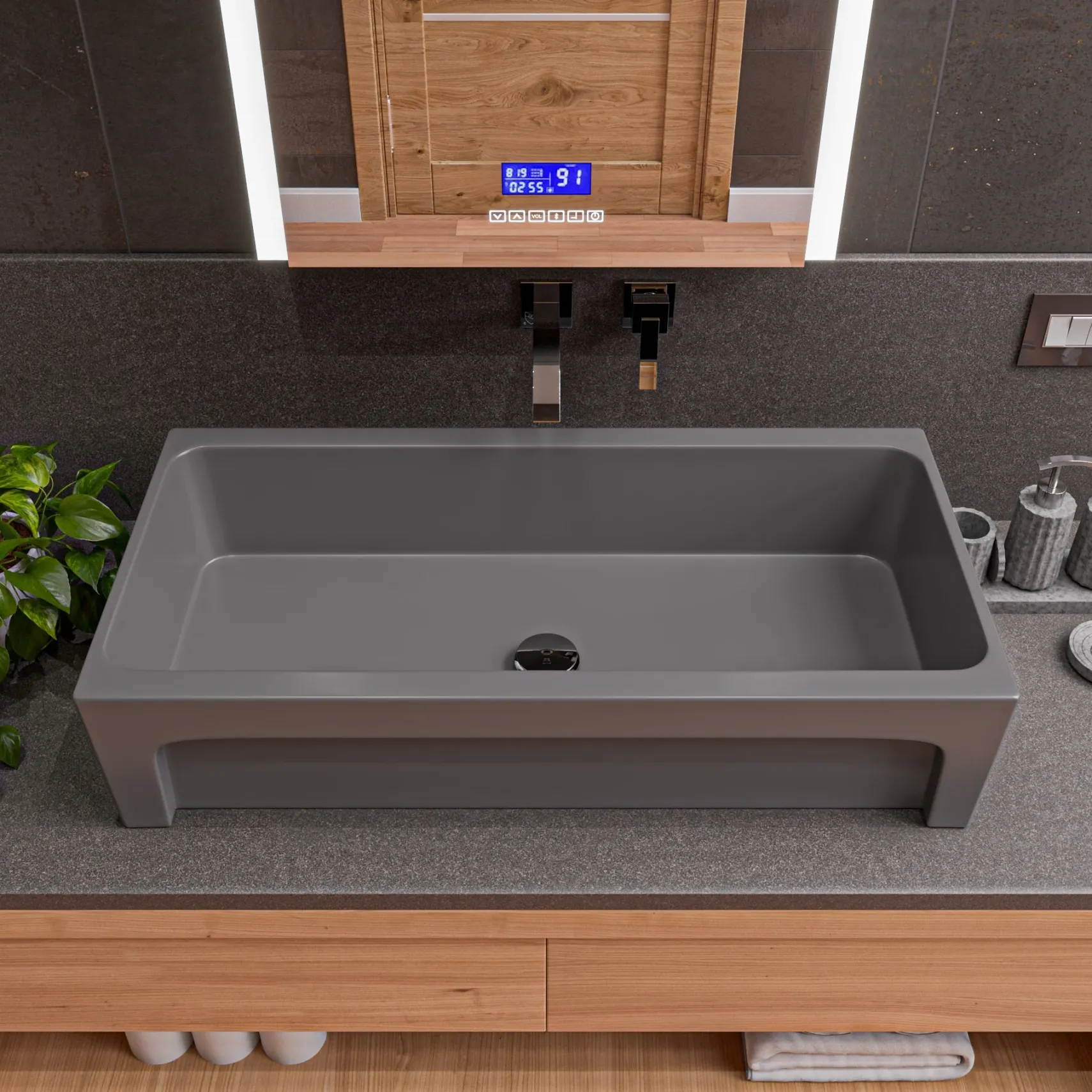 ALFI brand 35.5" x 17.75" Rectangle Above Mount or Semi Recessed Fireclay Bathroom Sink, Gray Matte, No Faucet Hole, AB36TRGM