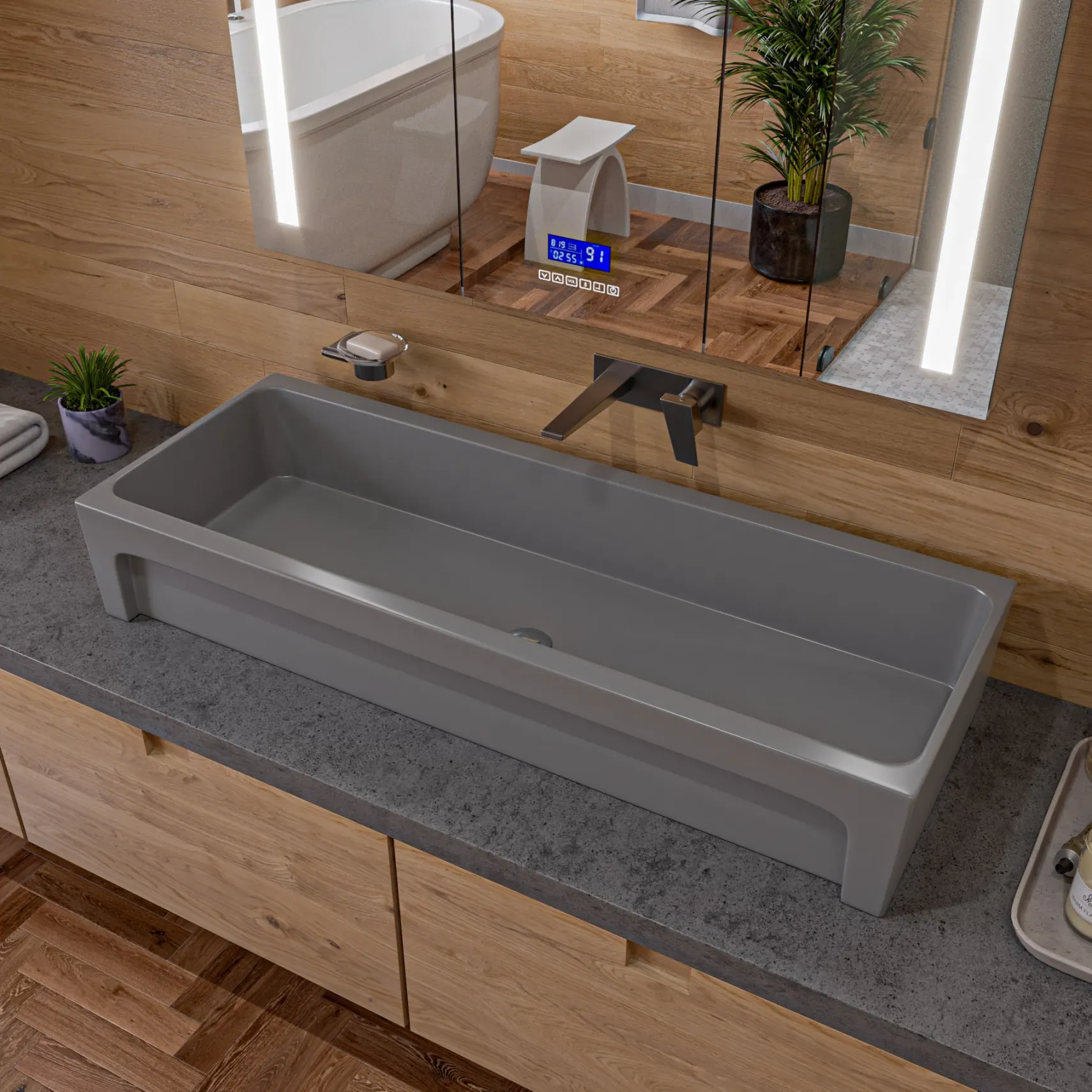 ALFI brand 47.4" x 17.75" Rectangle Above Mount or Semi Recessed Fireclay Bathroom Sink, Gray Matte, No Faucet Hole, AB48TRGM