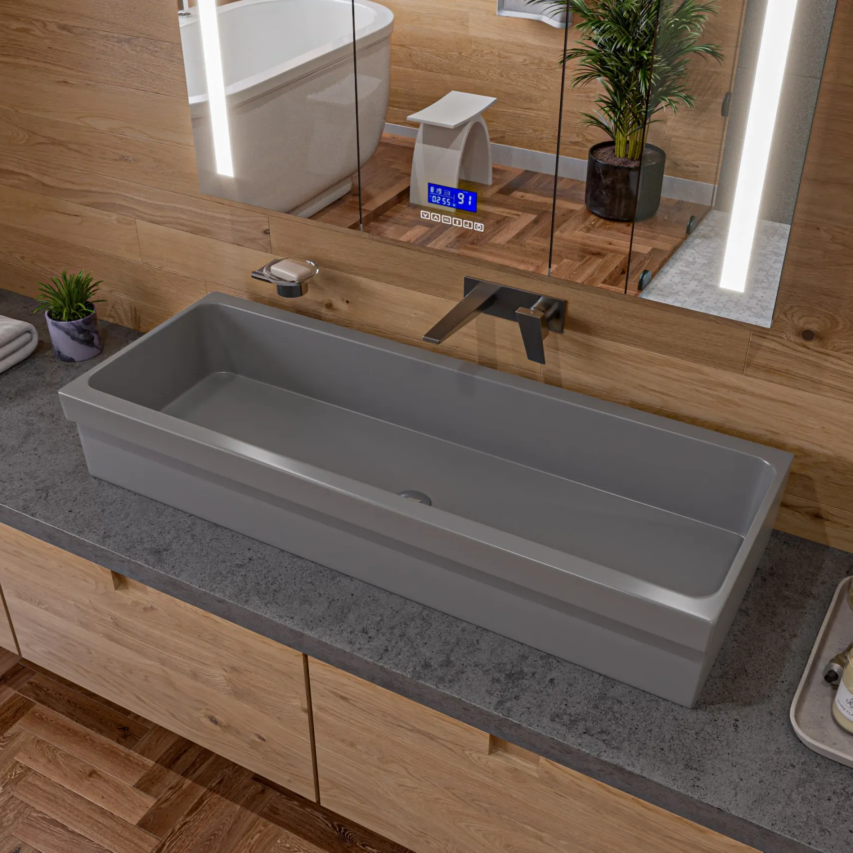 ALFI brand 47.4" x 17.75" Rectangle Above Mount or Semi Recessed Fireclay Bathroom Sink, Gray Matte, No Faucet Hole, AB48TRGM
