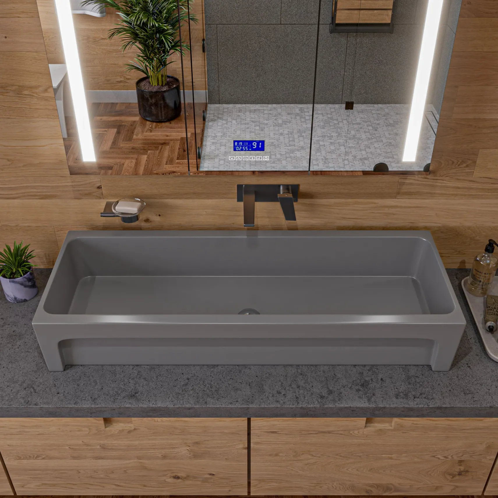 ALFI brand 47.4" x 17.75" Rectangle Above Mount or Semi Recessed Fireclay Bathroom Sink, Gray Matte, No Faucet Hole, AB48TRGM