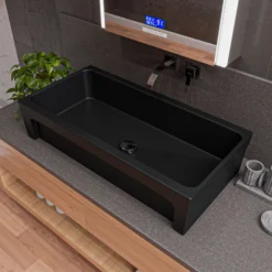 ALFI brand 35.5" x 17.75" Rectangle Above Mount or Semi Recessed Fireclay Bathroom Sink, Black Matte, No Faucet Hole, AB36TRBM