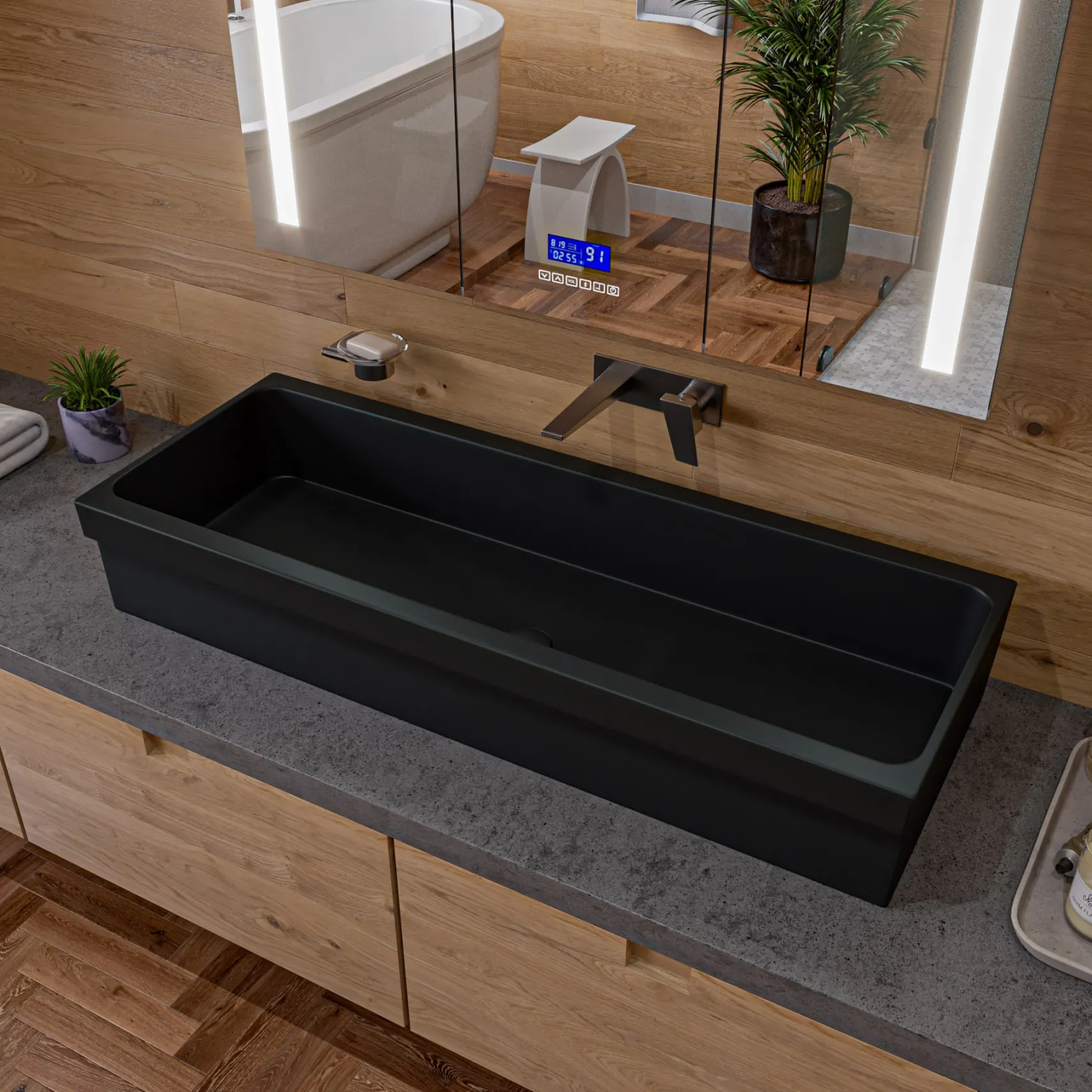 ALFI brand 47.4" x 17.75" Rectangle Above Mount or Semi Recessed Fireclay Bathroom Sink, Black Matte, No Faucet Hole, AB48TRBM