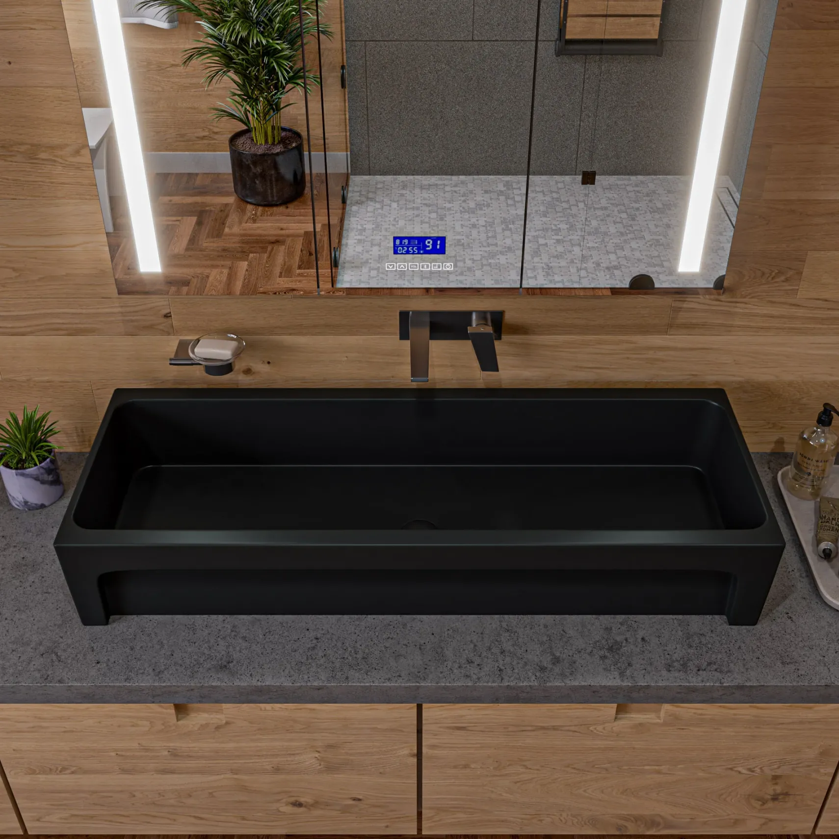 ALFI brand 47.4" x 17.75" Rectangle Above Mount or Semi Recessed Fireclay Bathroom Sink, Black Matte, No Faucet Hole, AB48TRBM