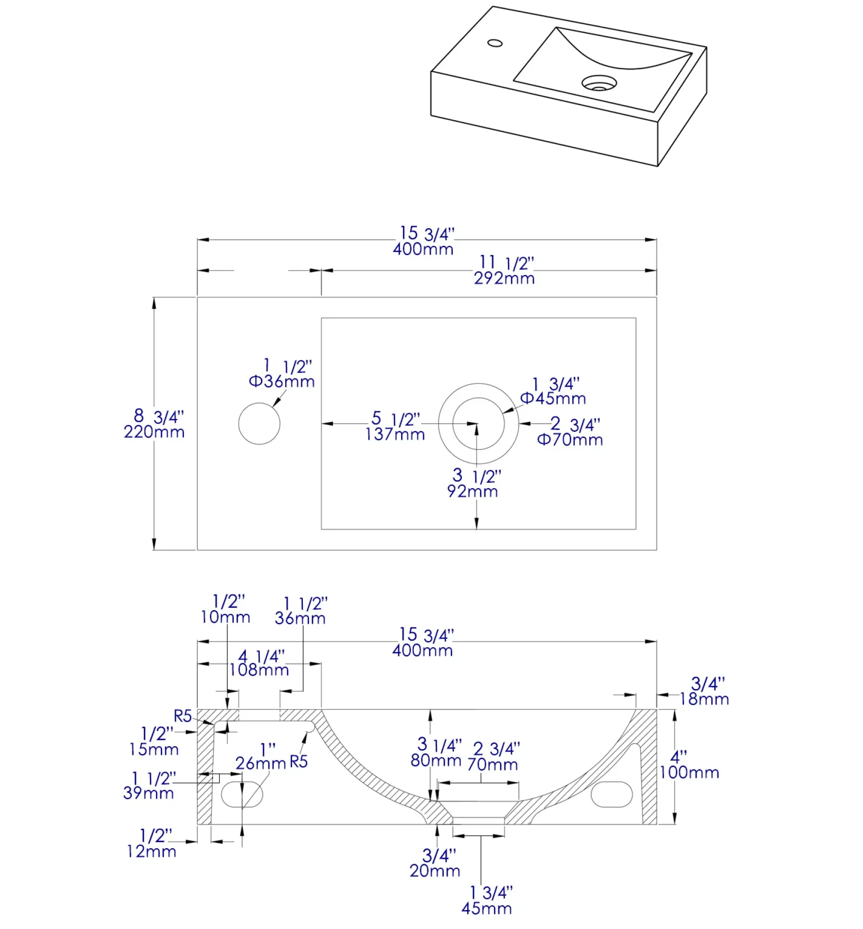 ALFI brand 15.75" x 8.66" Rectangle Wall Mount Concrete Bathroom Sink, Gray Matte, 1 Faucet Hole, ABCO108