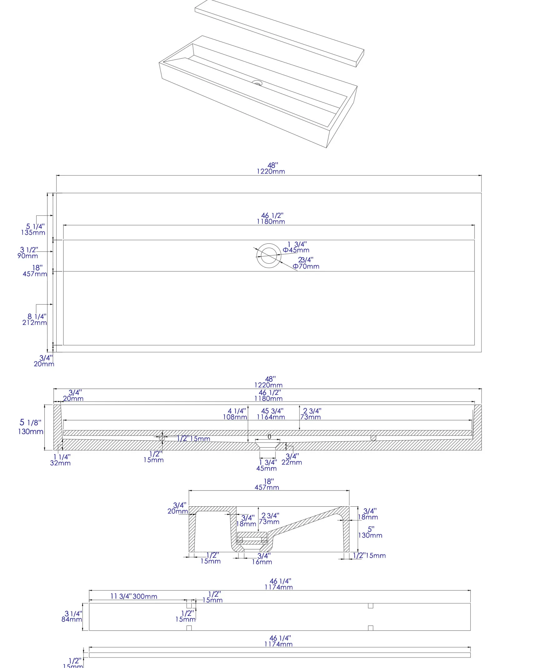ALFI brand 48" x 18" Rectangle Above Mount or Semi Recessed Concrete Bathroom Sink, Gray Matte, No Faucet Hole, ABCO48TR