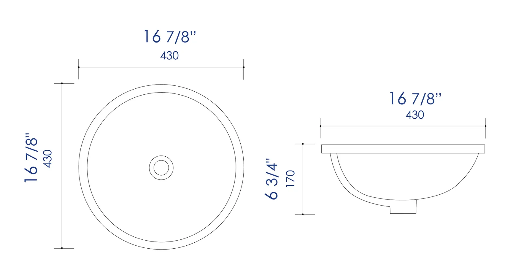 ALFI brand 16.88" x 16.88" Round Under Mount Porcelain Bathroom Sink, White, No Faucet Hole, ABC601