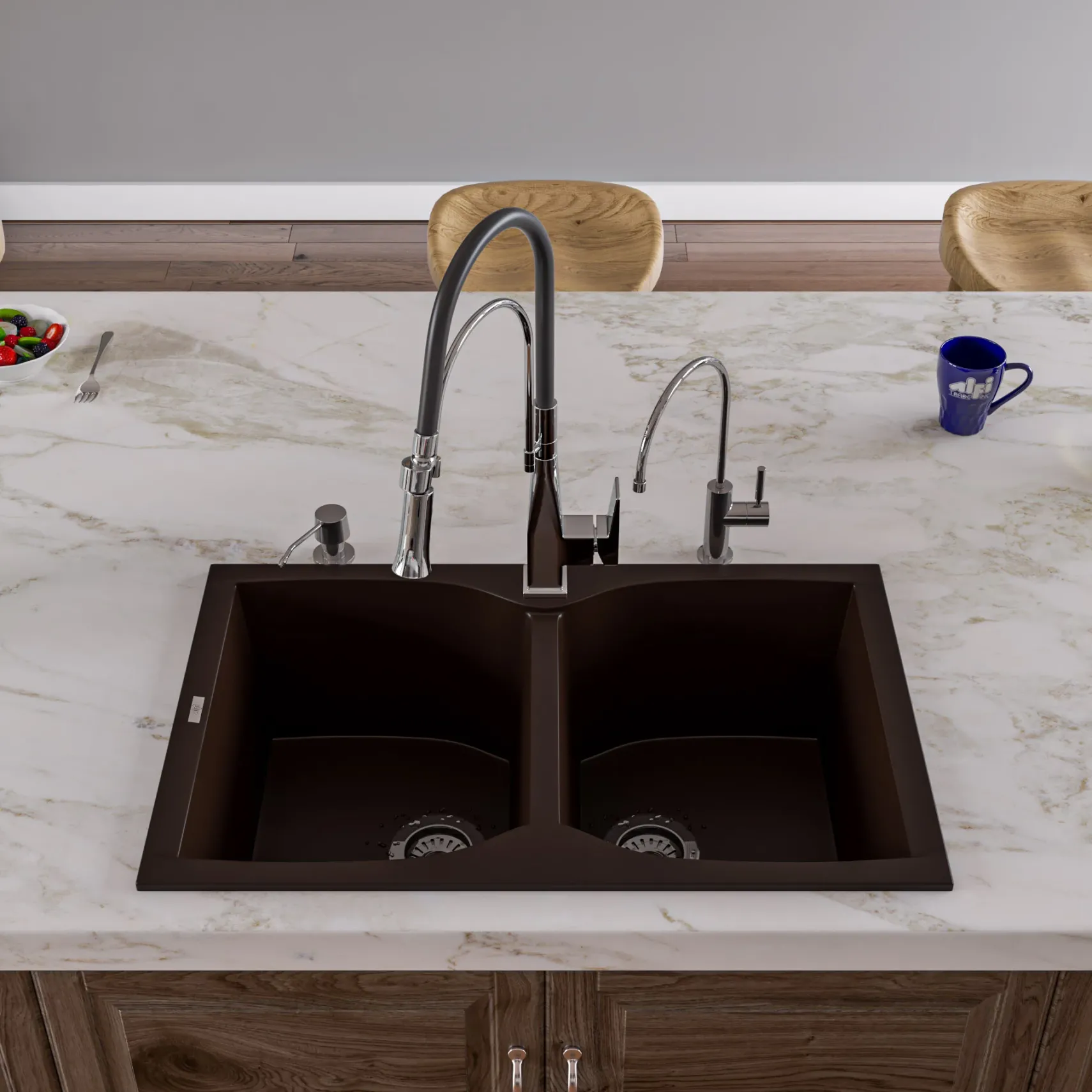 ALFI brand AB3220DI-C Chocolate 32" Drop-In Double Bowl Granite Composite Kitchen Sink
