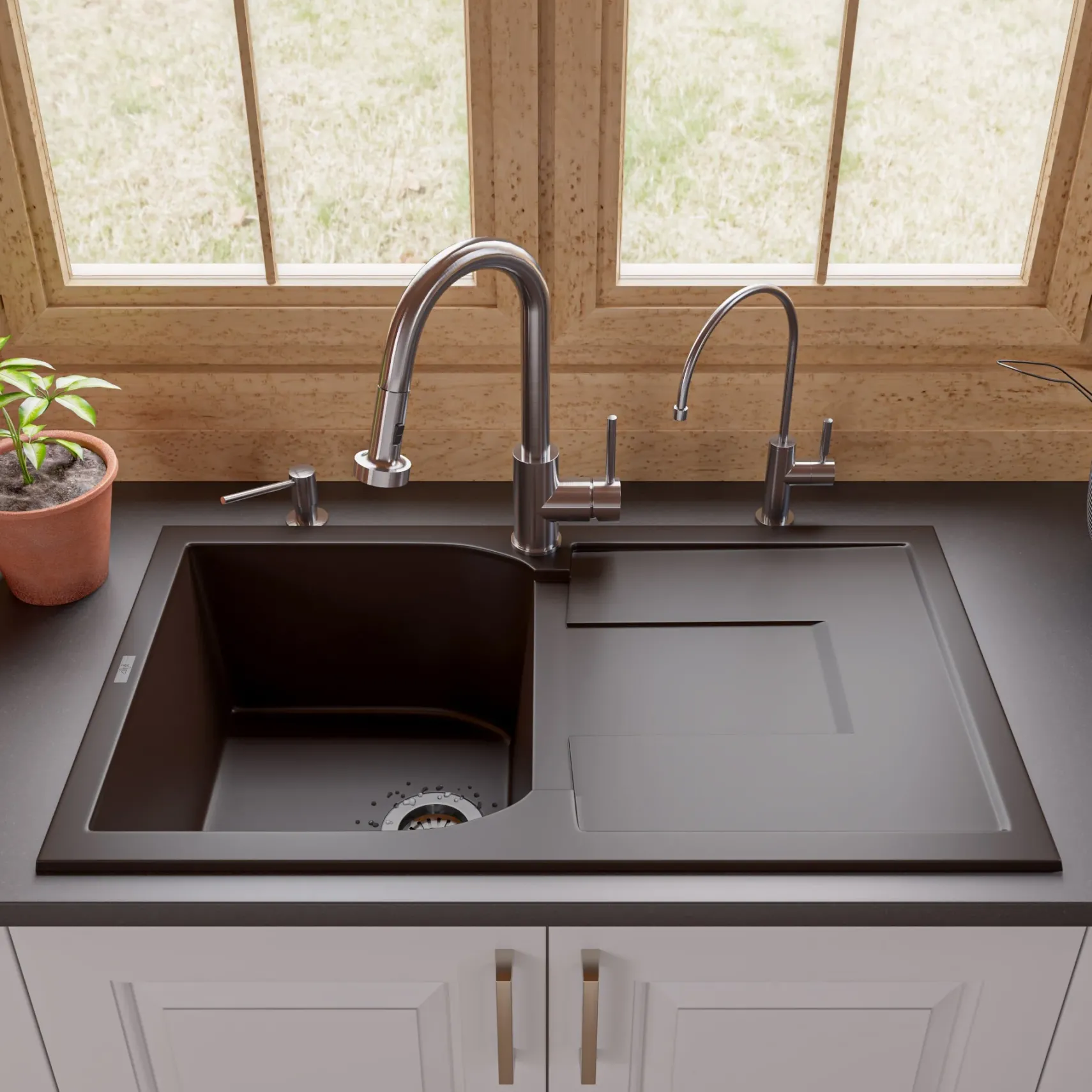 ALFI brand AB1620DI-C Chocolate 34" Single Bowl Granite Composite Kitchen Sink with Drainboard