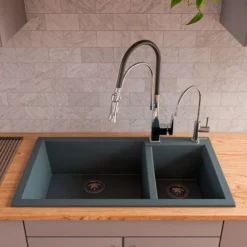 ALFI brand AB3319DI-T Titanium 34" Double Bowl Drop In Granite Composite Kitchen Sink