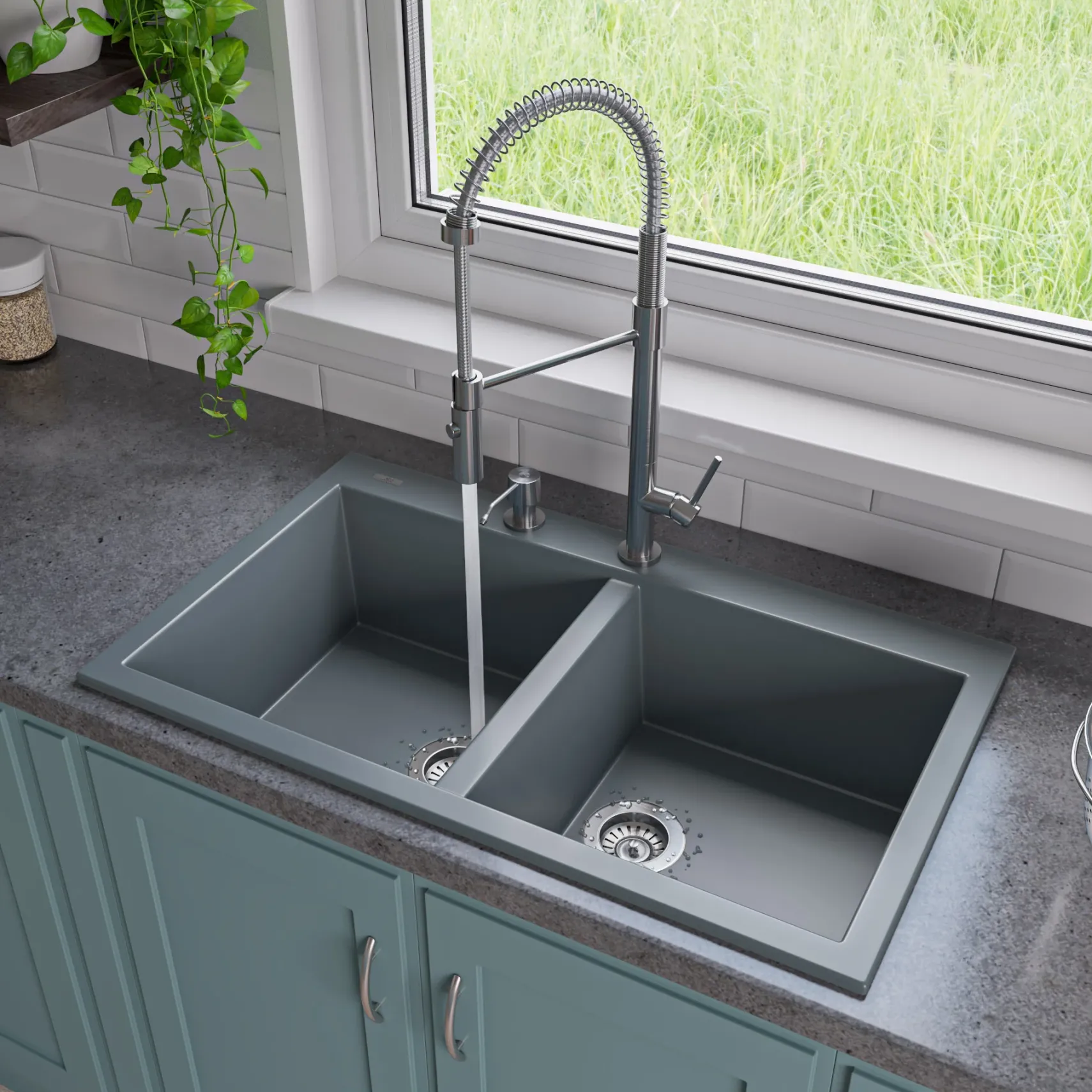 ALFI brand AB3420DI-T Titanium 34" Drop-In Double Bowl Granite Composite Kitchen Sink