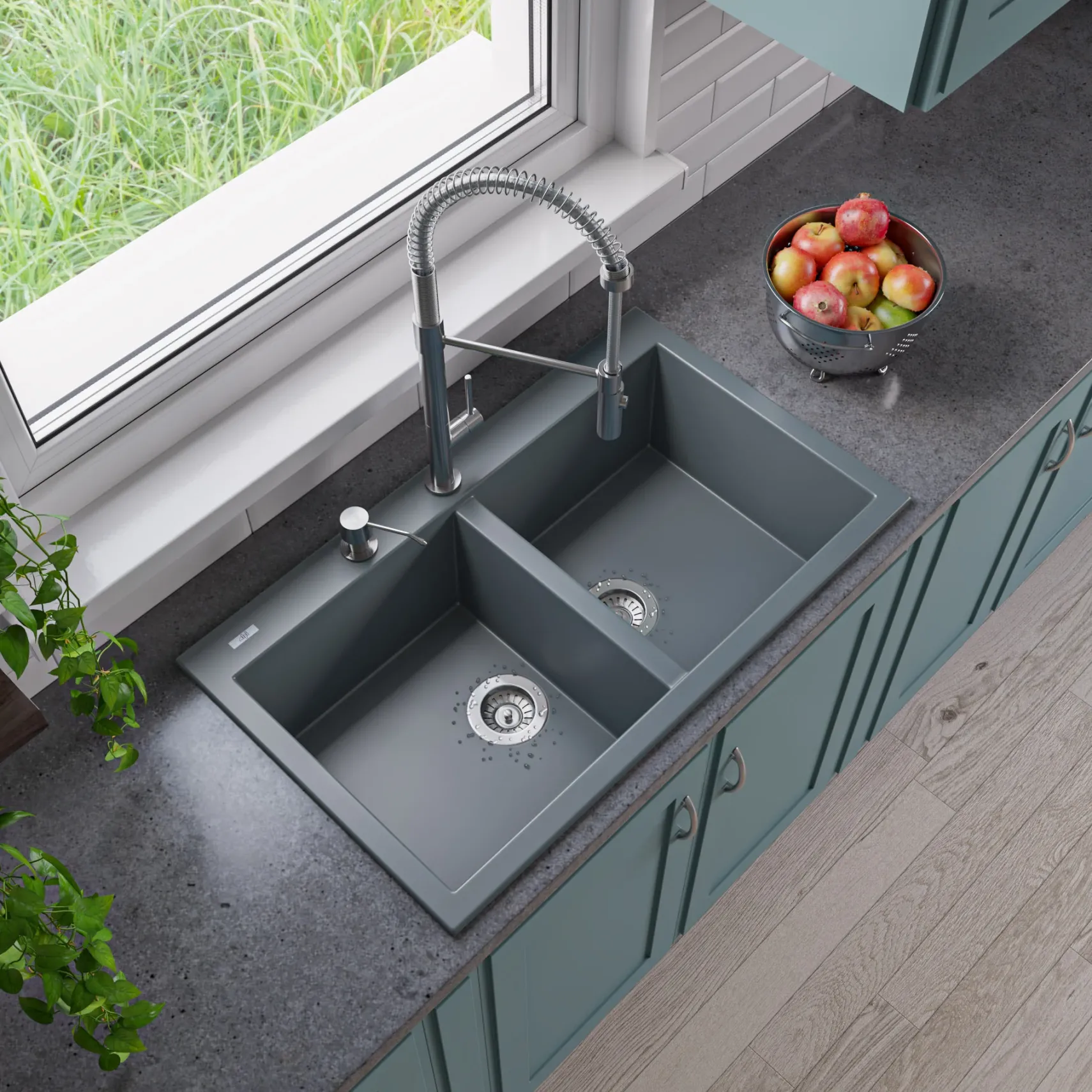 ALFI brand AB3420DI-T Titanium 34" Drop-In Double Bowl Granite Composite Kitchen Sink