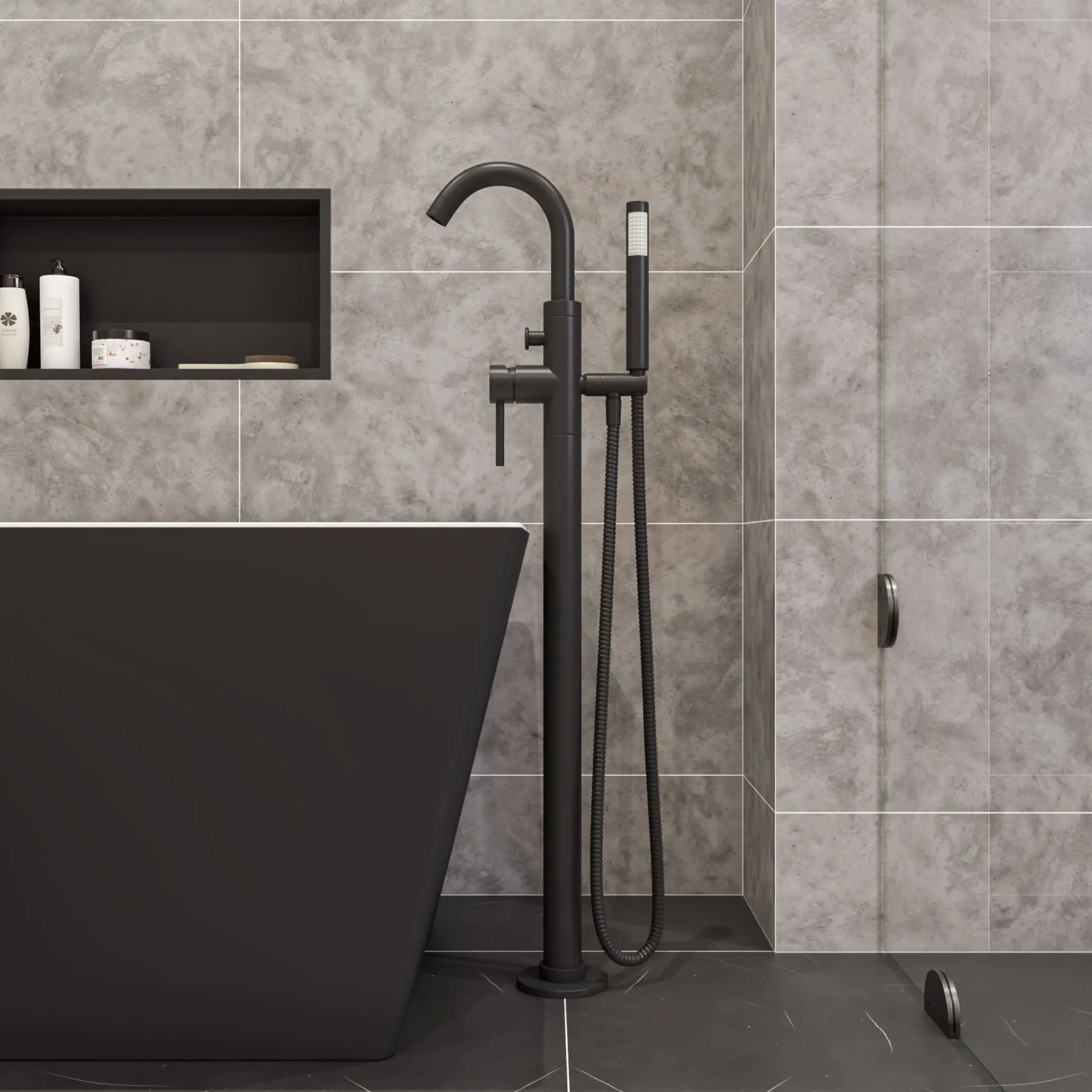 ALFI brand Brass, AB2534-BM Black Matte Single Lever Floor Mounted Tub Filler Mixer w Hand Held Shower Head