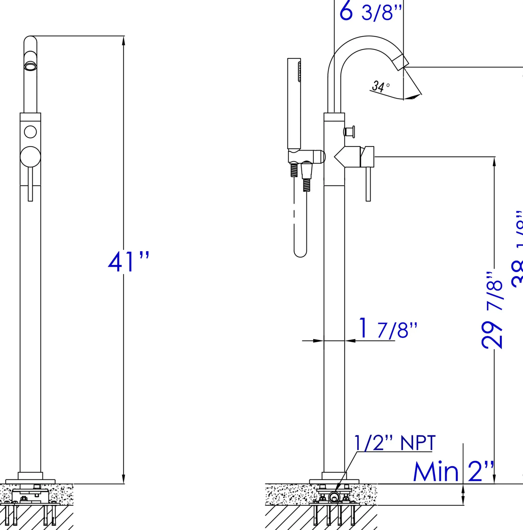 ALFI brand Brass, AB2534-BM Black Matte Single Lever Floor Mounted Tub Filler Mixer w Hand Held Shower Head