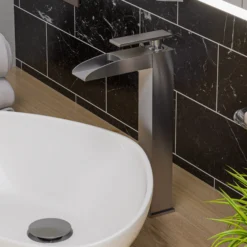 ALFI Brushed Nickel Single Hole Tall Waterfall Bathroom Faucet, AB1597-BN