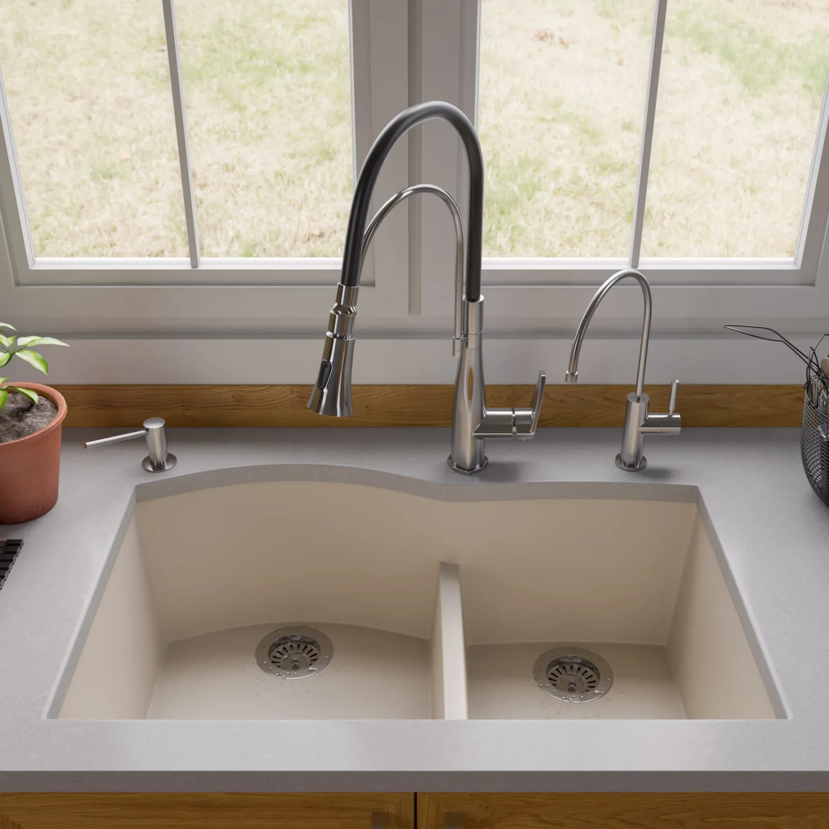 ALFI Biscuit 33" Double Bowl Undermount Granite Composite Kitchen Sink, AB3320UM-B