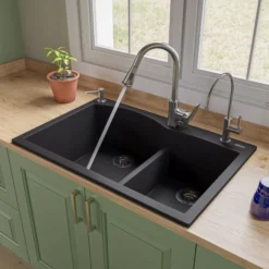 ALFI Black 33" Double Bowl Drop In Granite Composite Kitchen Sink, AB3320DI-BLA