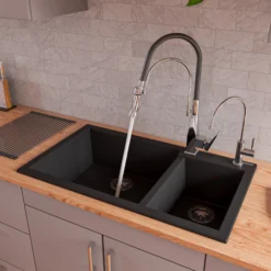 ALFI Black 34" Double Bowl Drop In Granite Composite Kitchen Sink, AB3319DI-BLA