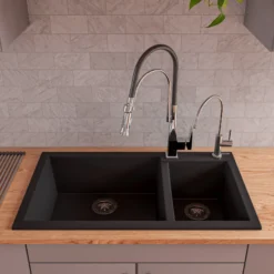ALFI Black 34" Double Bowl Drop In Granite Composite Kitchen Sink, AB3319DI-BLA