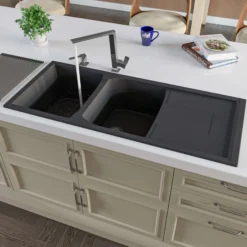 ALFI Black 46" Double Bowl Granite Composite Kitchen Sink with Drainboard, AB4620DI-BLA