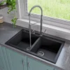 ALFI Black 34" Drop-In Double Bowl Granite Composite Kitchen Sink, AB3420DI-BLA