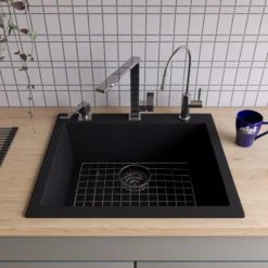 ALFI Black 24" Drop-In Single Bowl Granite Composite Kitchen Sink, AB2420DI-BLA