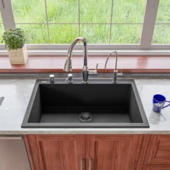 ALFI Black 33" Single Bowl Drop In Granite Composite Kitchen Sink, AB3322DI-BLA