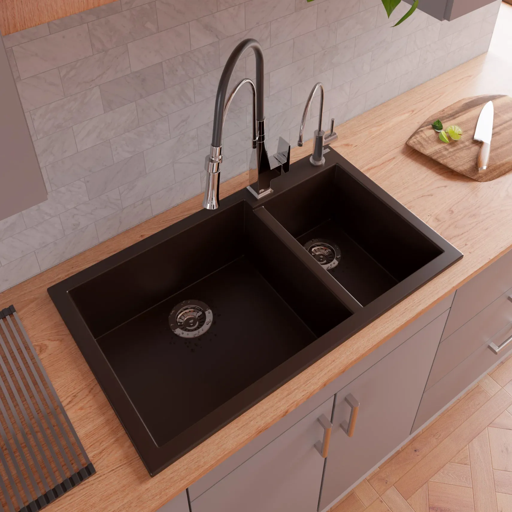 ALFI brand AB3319DI-C Chocolate 34" Double Bowl Drop In Granite Composite Kitchen Sink