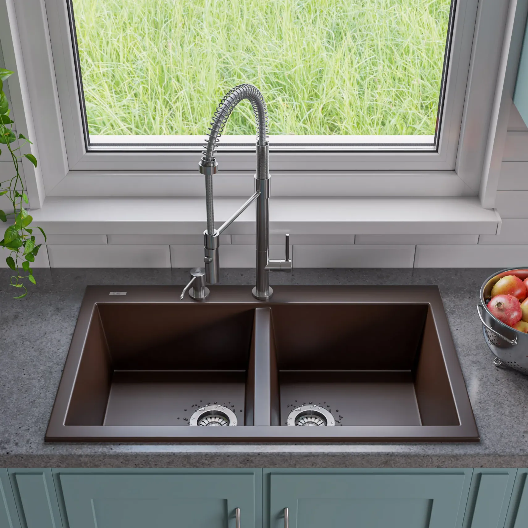 ALFI brand AB3420DI-C Chocolate 34" Drop-In Double Bowl Granite Composite Kitchen Sink