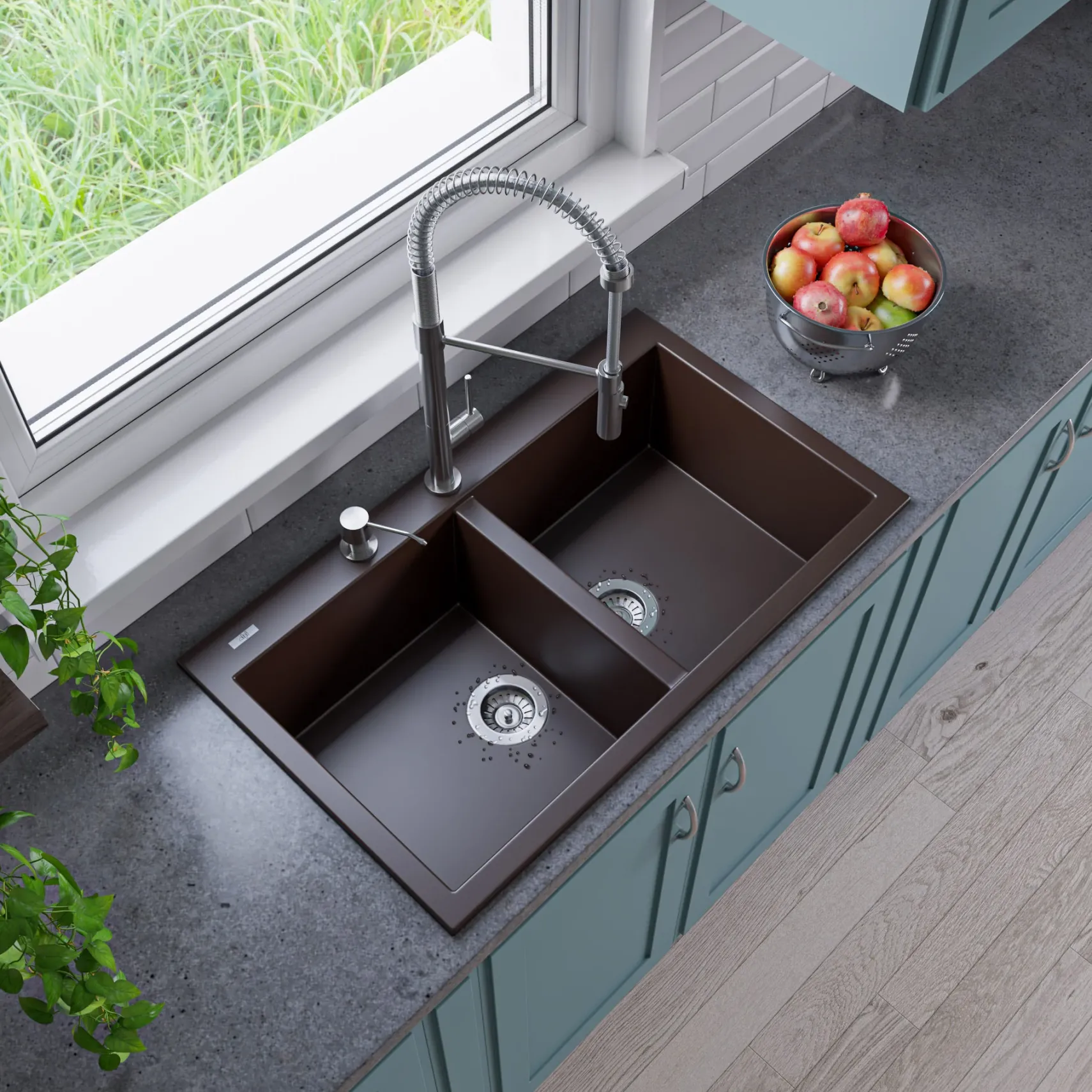 ALFI brand AB3420DI-C Chocolate 34" Drop-In Double Bowl Granite Composite Kitchen Sink