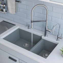 ALFI brand AB3319UM-T Titanium 34" Double Bowl Undermount Granite Composite Kitchen Sink